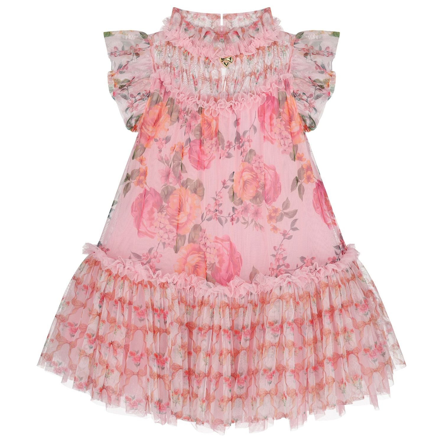 Girls Pink Floral Tulle Dress, 1, hi-res