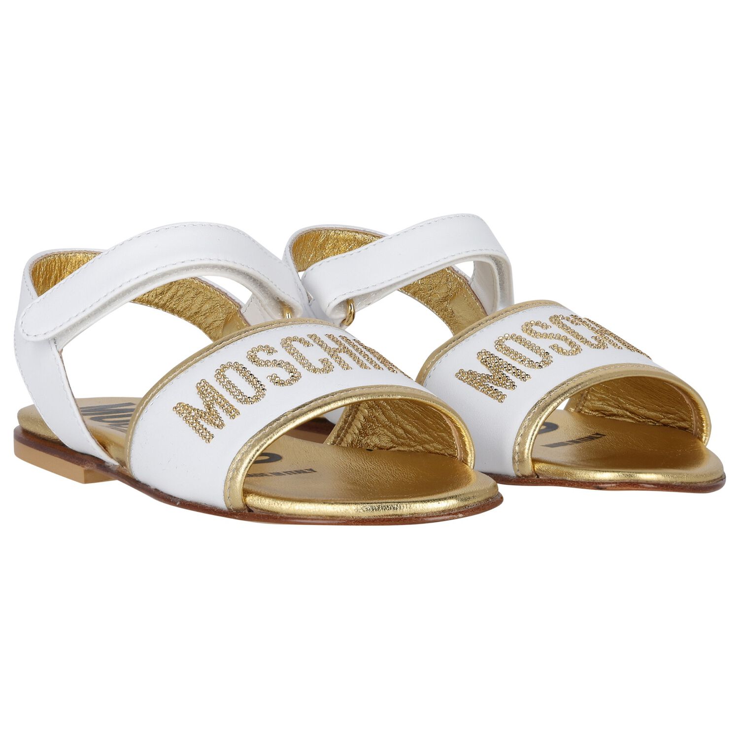 Girls White & Gold Leather Logo Sandals, 1, hi-res image number null