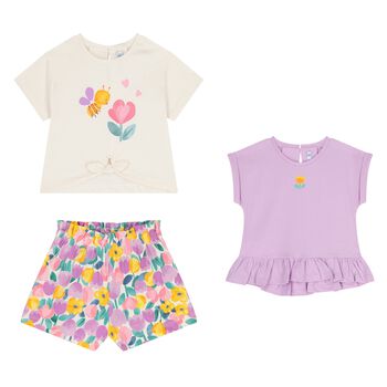 Younger Girls Ivory & Purple Shorts Set