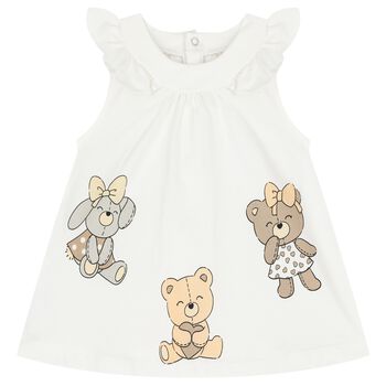 Baby Girls White Cotton Teddy Bear Dress