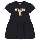 Girls Black Teddy Bear Logo Dress, 4, hi-res