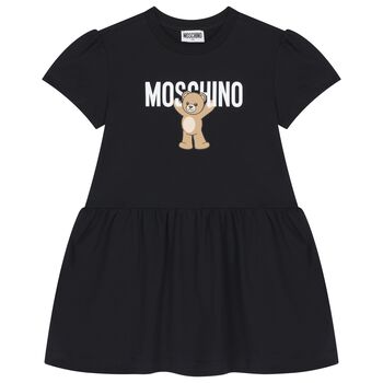 Girls Black Teddy Bear Logo Dress
