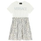 Girls White & Grey Logo Barocco Dress, 1, hi-res