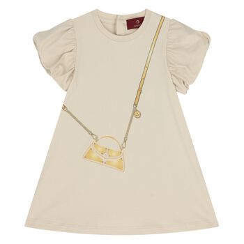Younger Girls Beige Bag Logo Dress