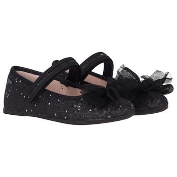 Girls Black Bow Glitter Shoes