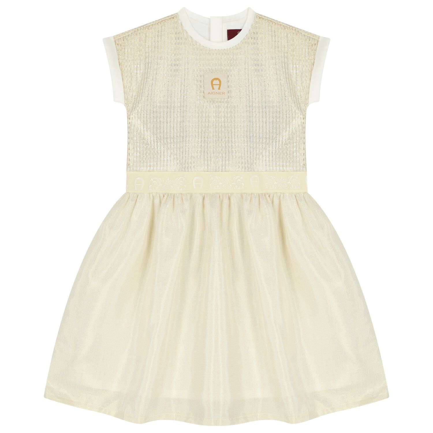 Girls Ivory & Gold Logo Dress, 1, hi-res