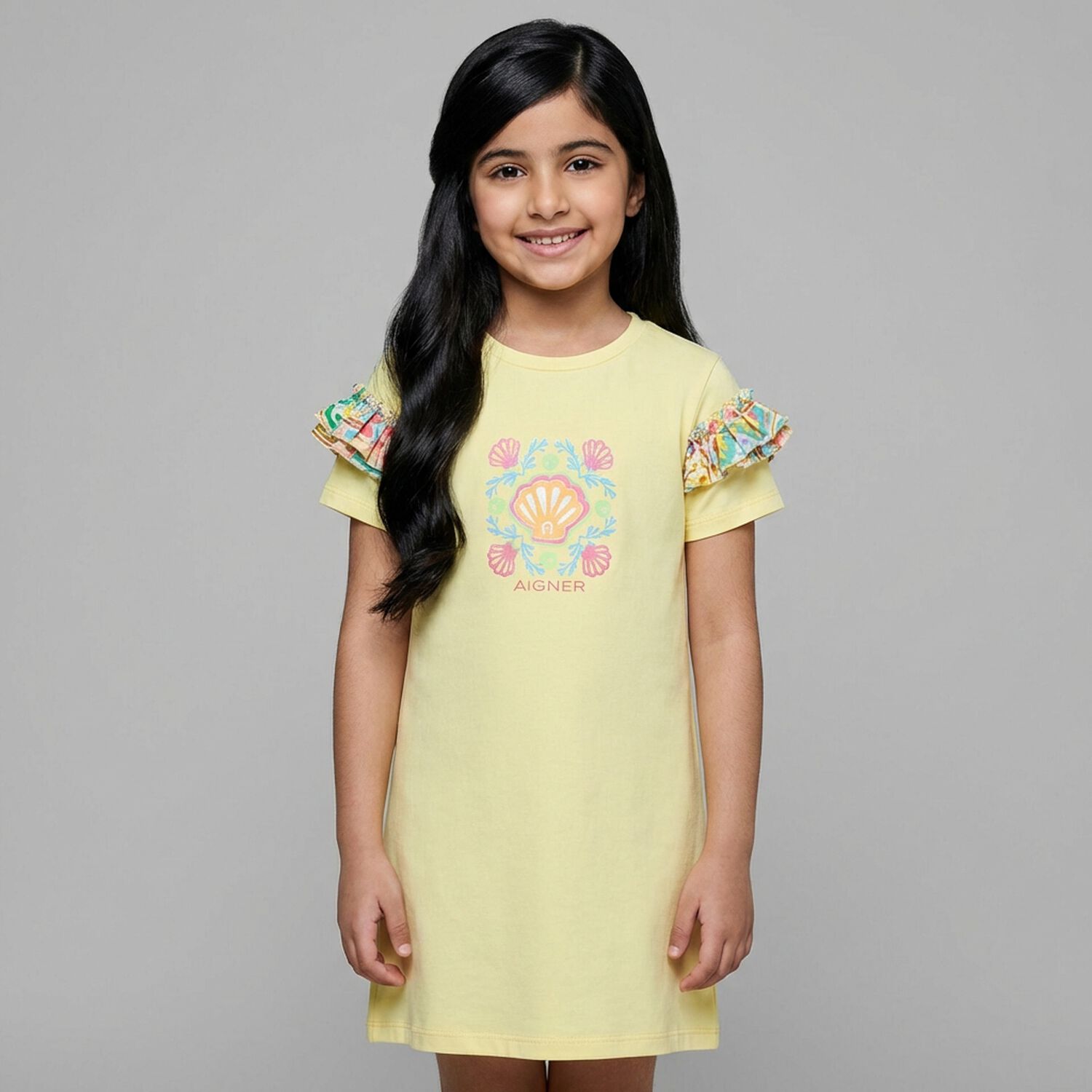Girls Yellow Shell Logo Dress, 1, hi-res