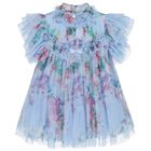 Baby Girls Blue Floral Tulle Dress , 1, hi-res