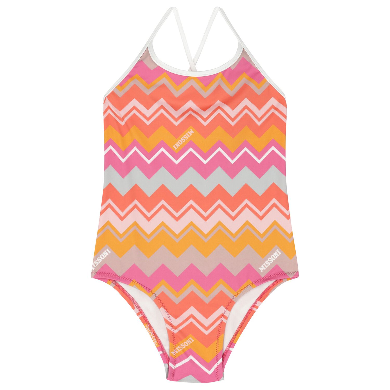 Girls Pink & Orange Logo Zig Zag Swimsuit, 1, hi-res