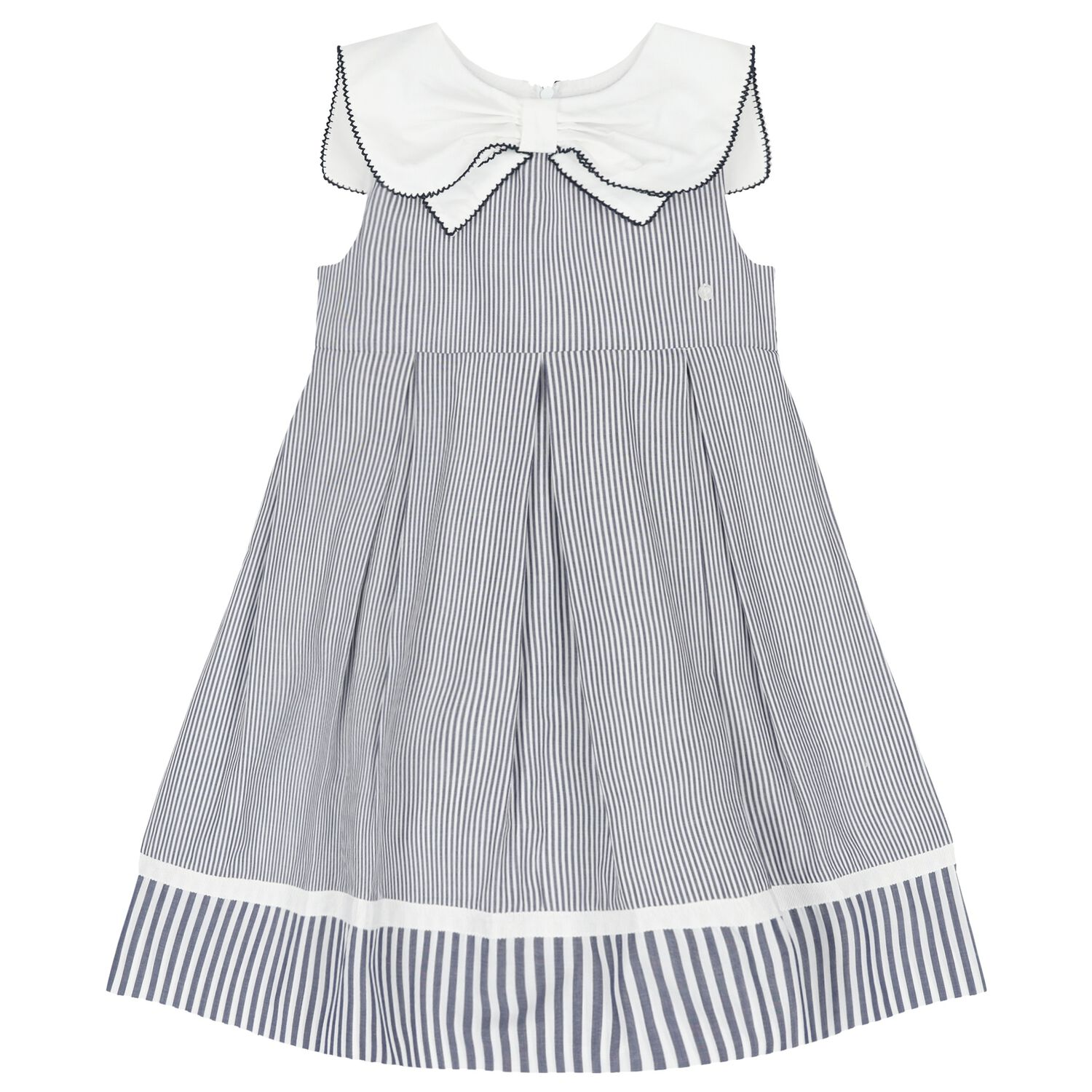 Girls White & Blue Striped Bow Dress, 1, hi-res