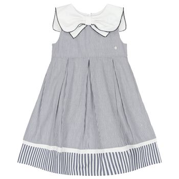 Girls White & Blue Striped Bow Dress