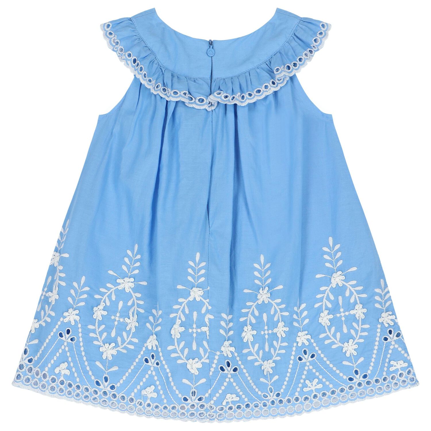 Younger Girls Blue & White Embroidered Dress, 1, hi-res