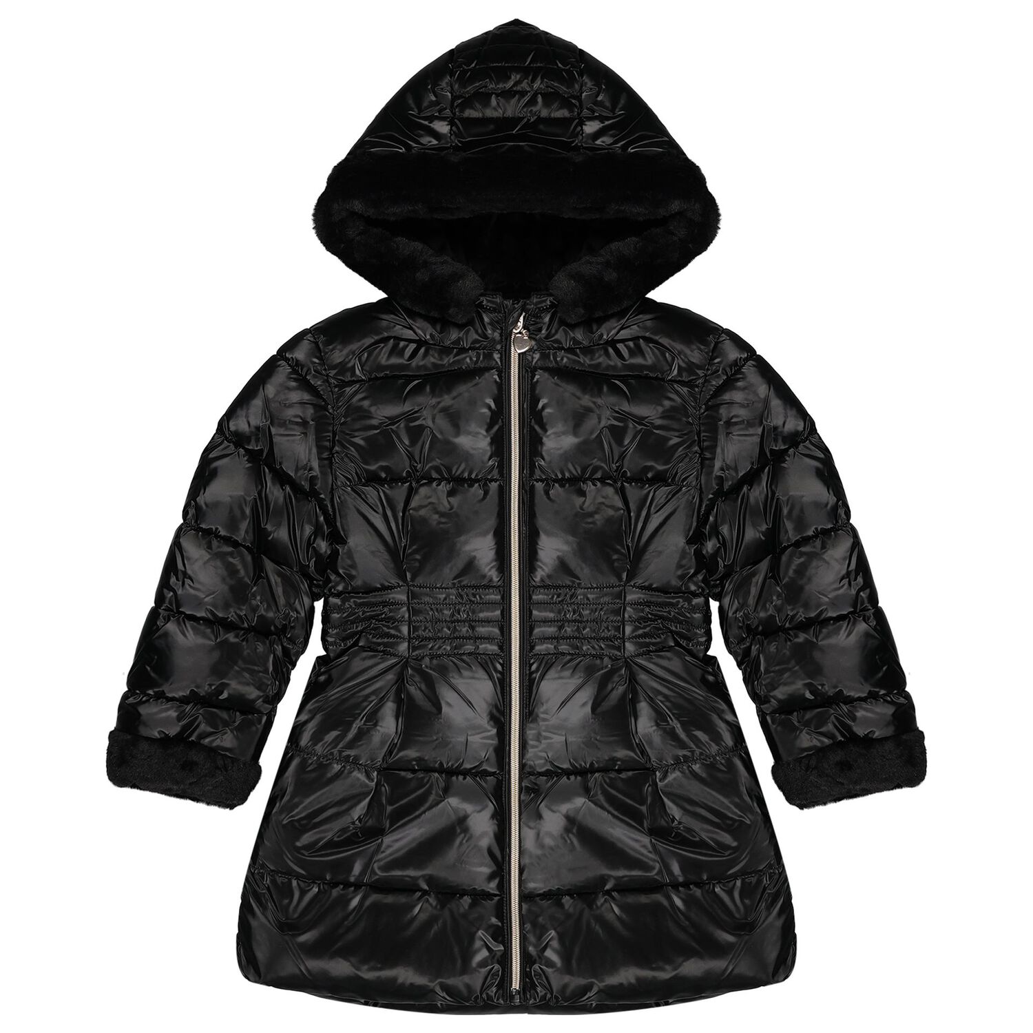Girls Black Puffer Coat, 2, hi-res