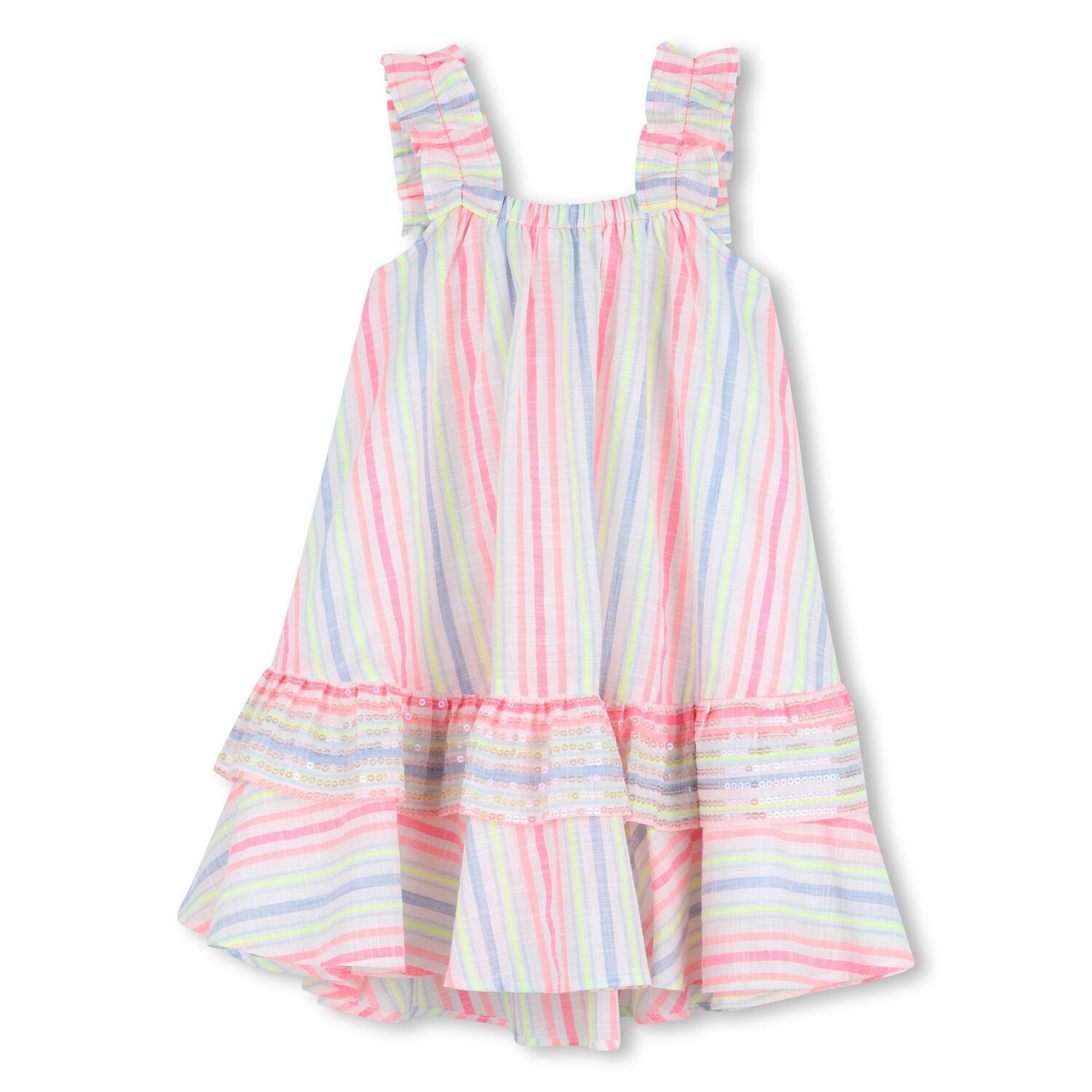 Girls Multi-Coloured Stripes Embellished Dress, 1, hi-res