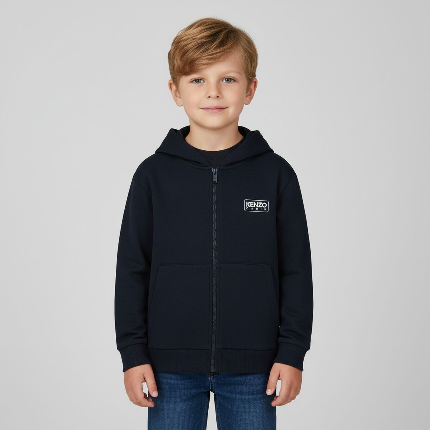 Navy Blue Logo Hooded Zip Up Top, 2, hi-res