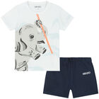 Younger Boys White & Navy Blue Logo Shorts Set, 1, hi-res