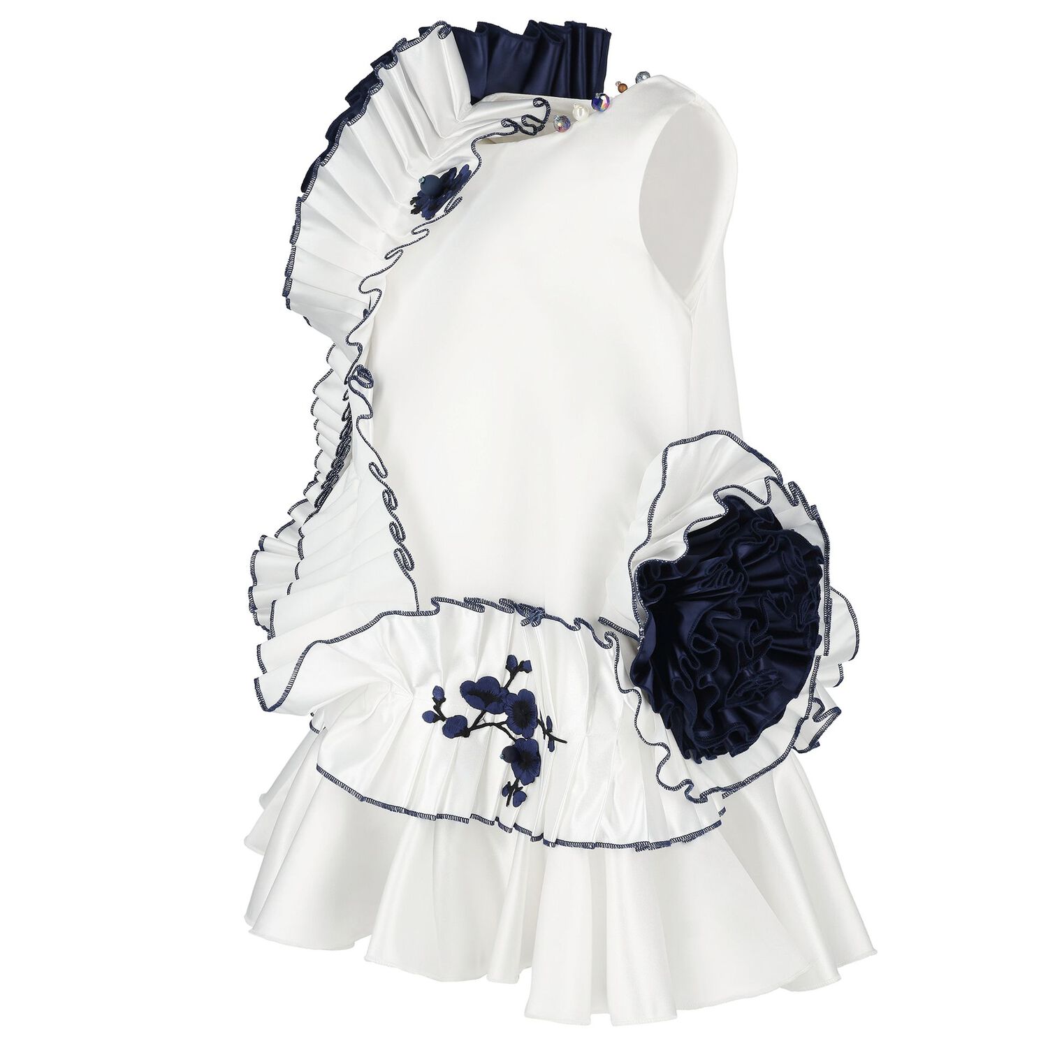 Girls White & Navy Blue Ruffled Dress, 1, hi-res