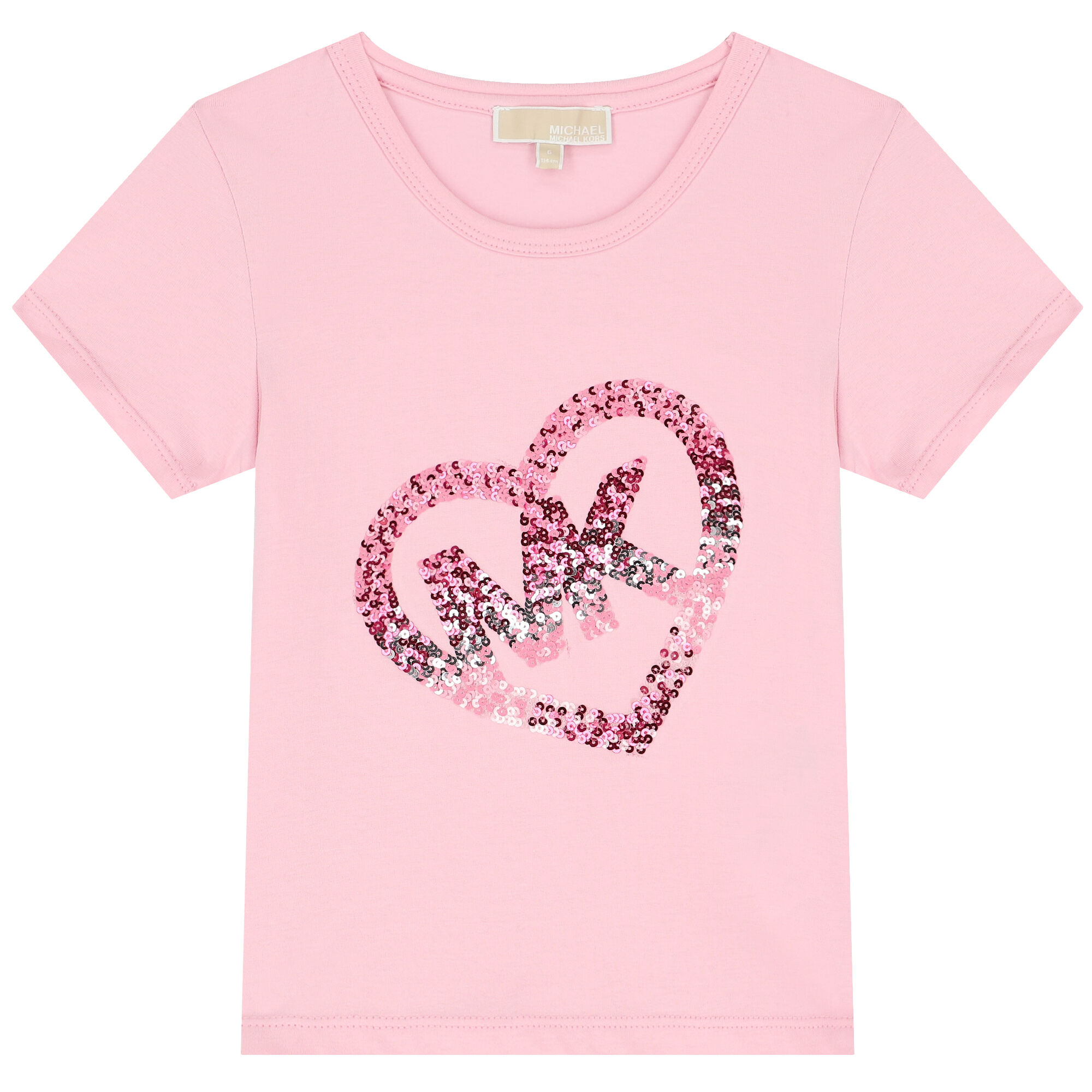 MICHAEL KORS Girls Pink Sequin Heart Logo T Shirt Junior