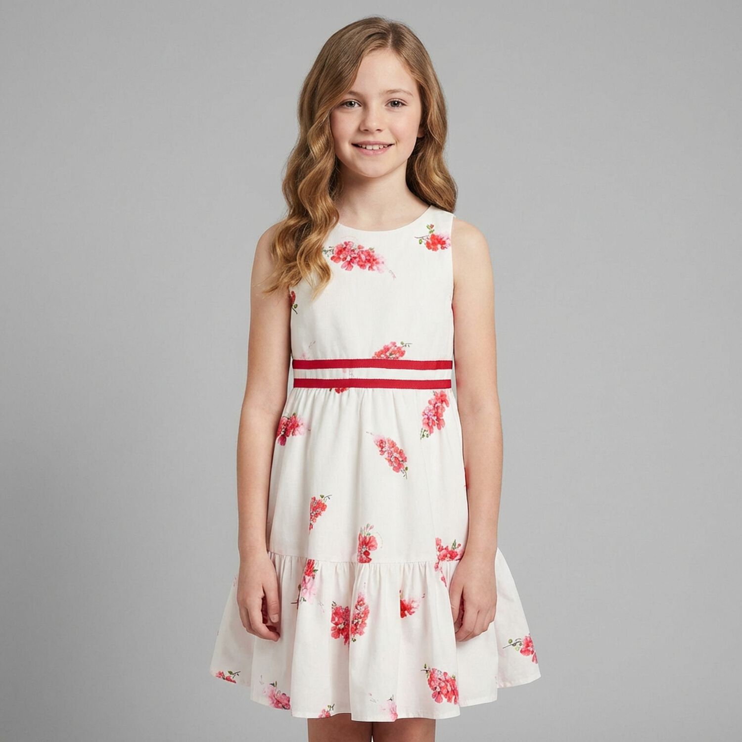 Girls White & Pink Floral Dress, 1, hi-res