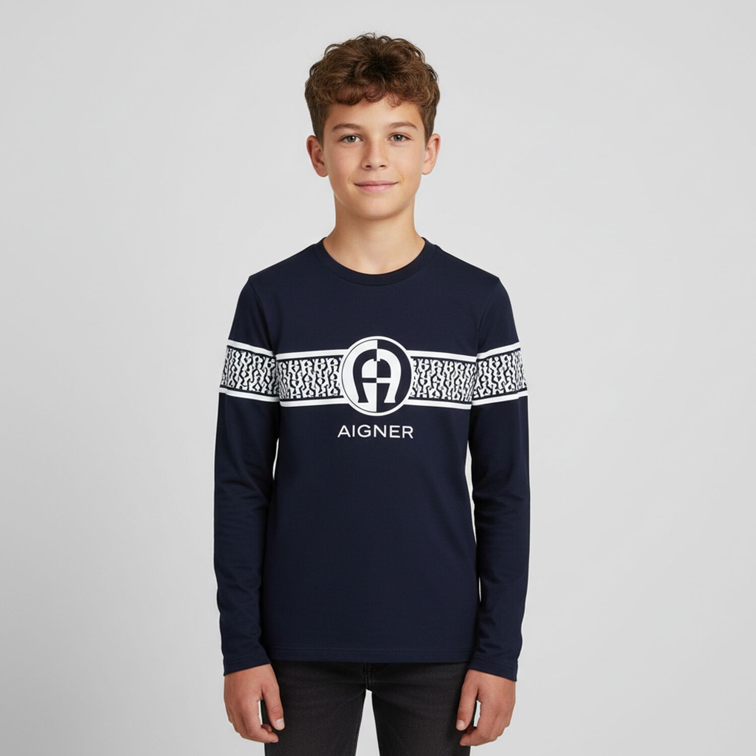 Boys Navy Logo Long Sleeve Top, 2, hi-res