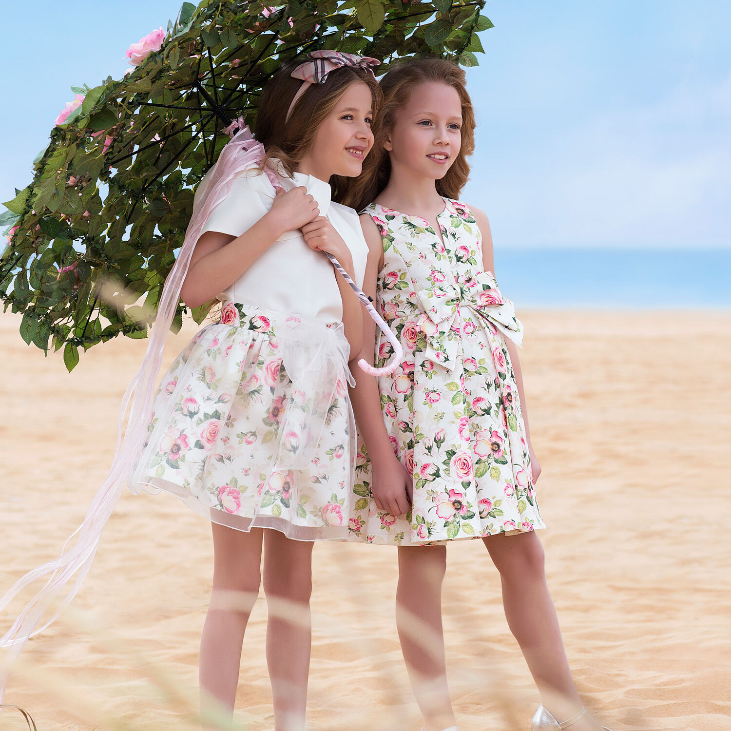 Girls Ivory & Pink Satin Rose Dress, 1, hi-res