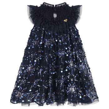 Girls Navy Blue Embellished Tulle Dress