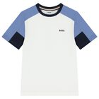 Boys White & Navy Blue Logo Shorts Set, 1, hi-res