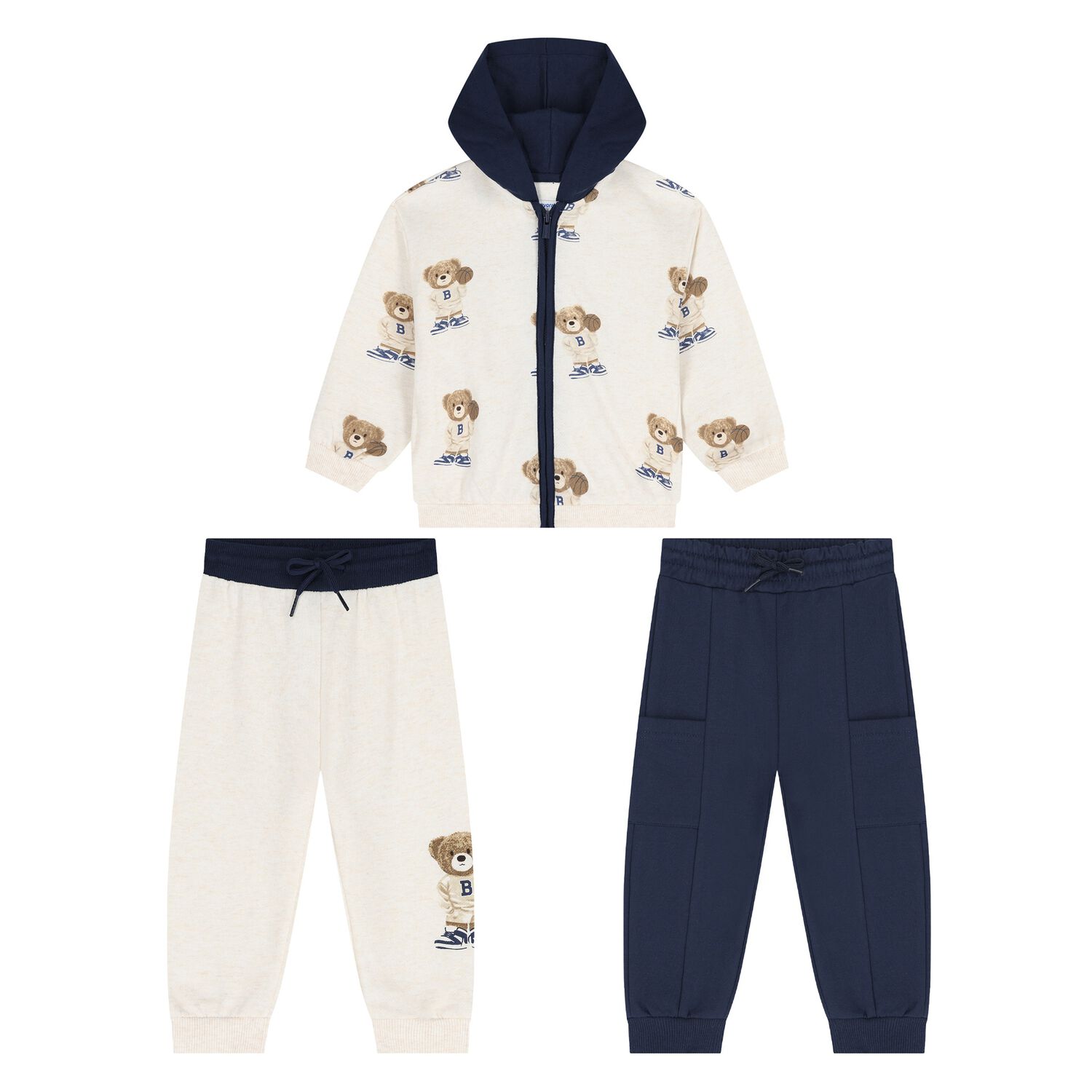 Baby Boys Ivory & Navy Blue Teddy Bear 3 Piece Tracksuit, 1, hi-res