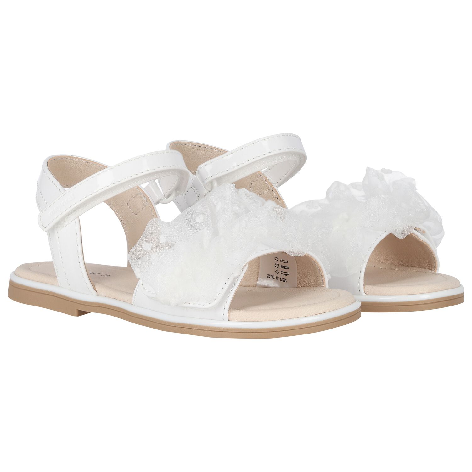 Girls White Tulle Ruffle Sandals, 1, hi-res image number null