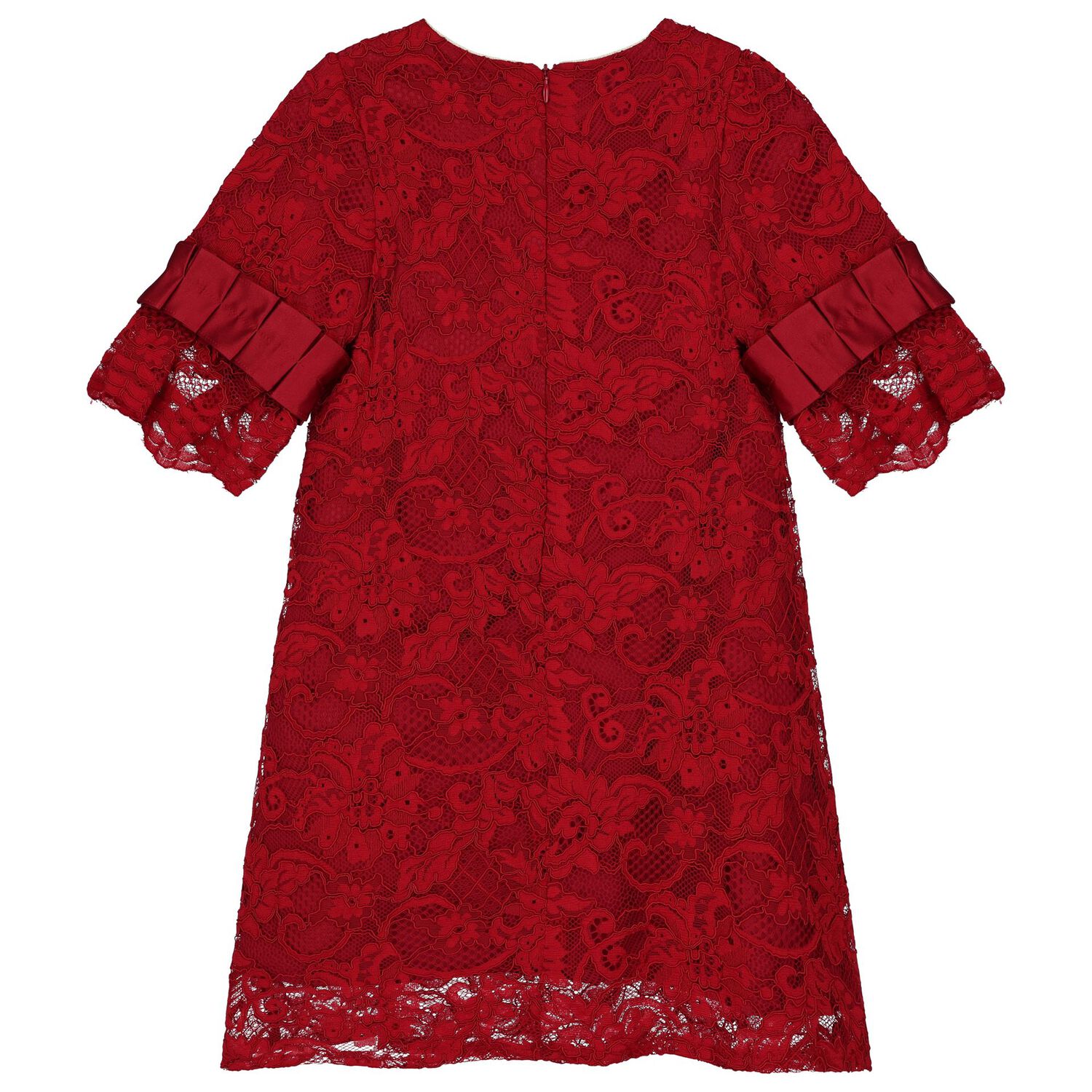 Girls Red Lace & Satin Bow Dress, 2, hi-res