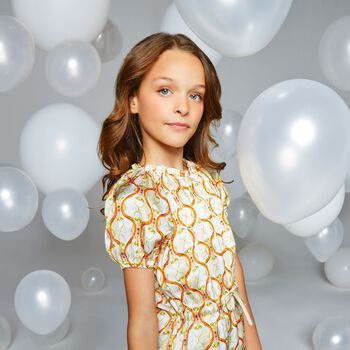 Girls Beige & White Logo Dress