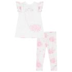 Girls White & Pink Floral Bag Print Leggings Set, 1, hi-res