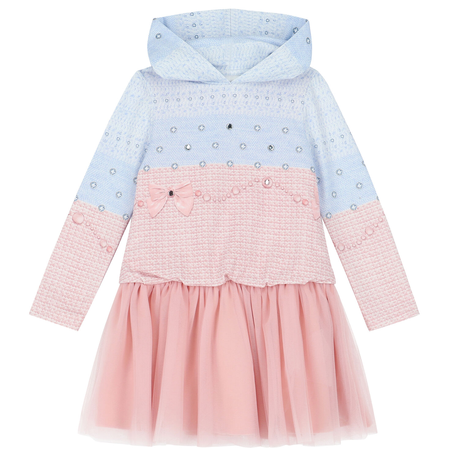 Girls Blue & Pink Embellished Hooded Dress, 1, hi-res image number null