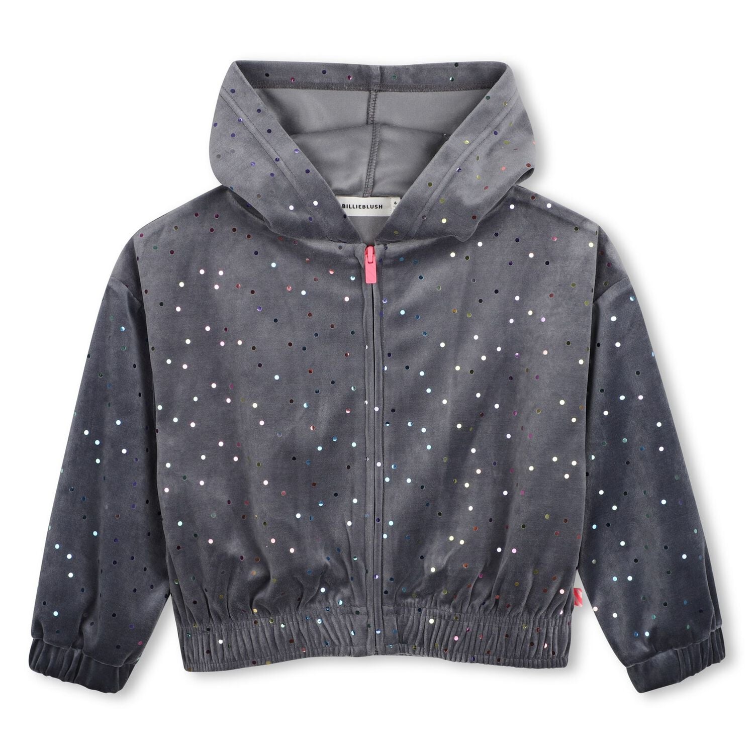Girls Grey Dot Hooded Zip Up Top, 1, hi-res