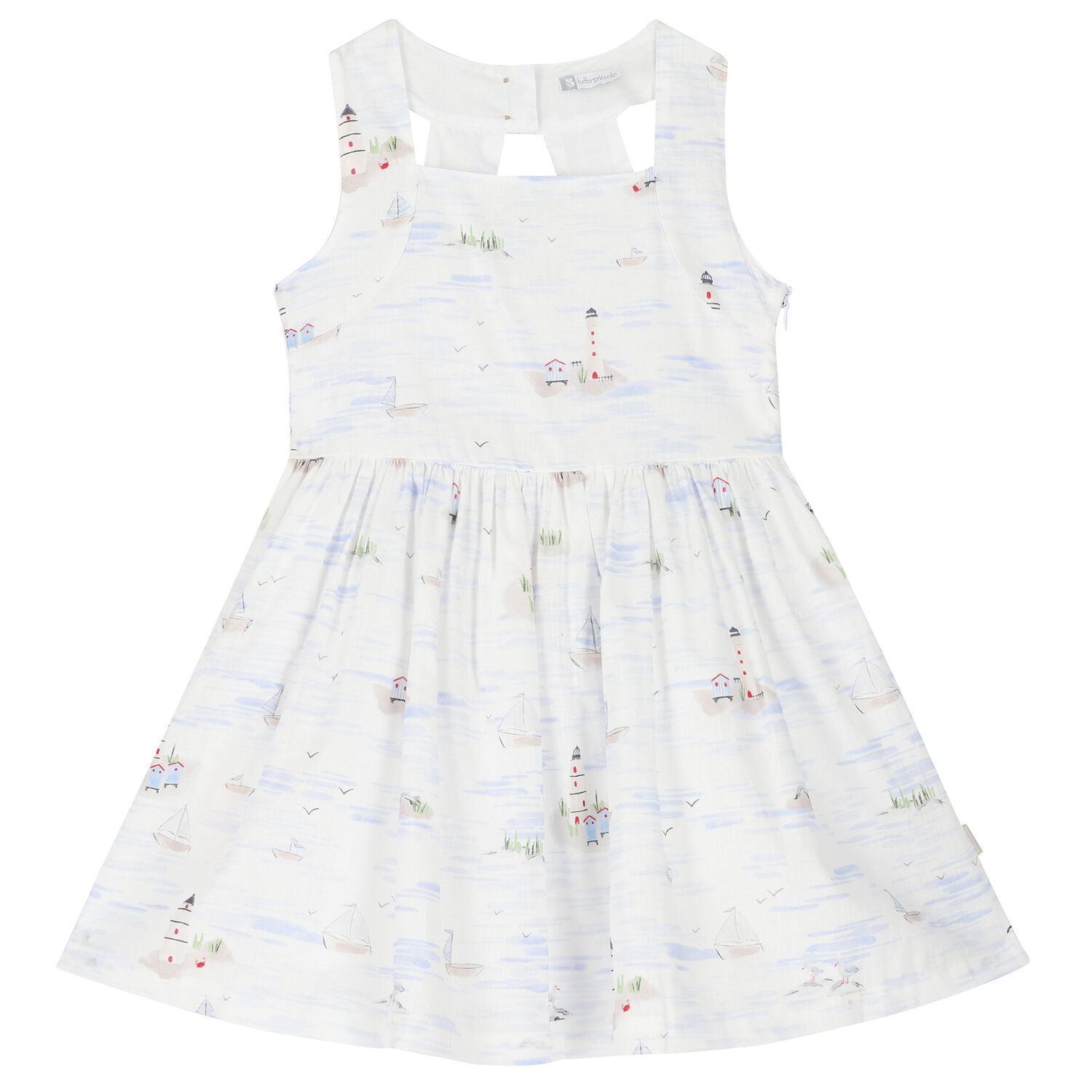 Girls White & Blue Cotton Dress, 1, hi-res