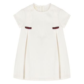 Younger Girls Ivory Web Stripe Bow Dress
