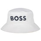 Baby Boys Beige, Navy Blue & White Logo Reversible Hat, 1, hi-res