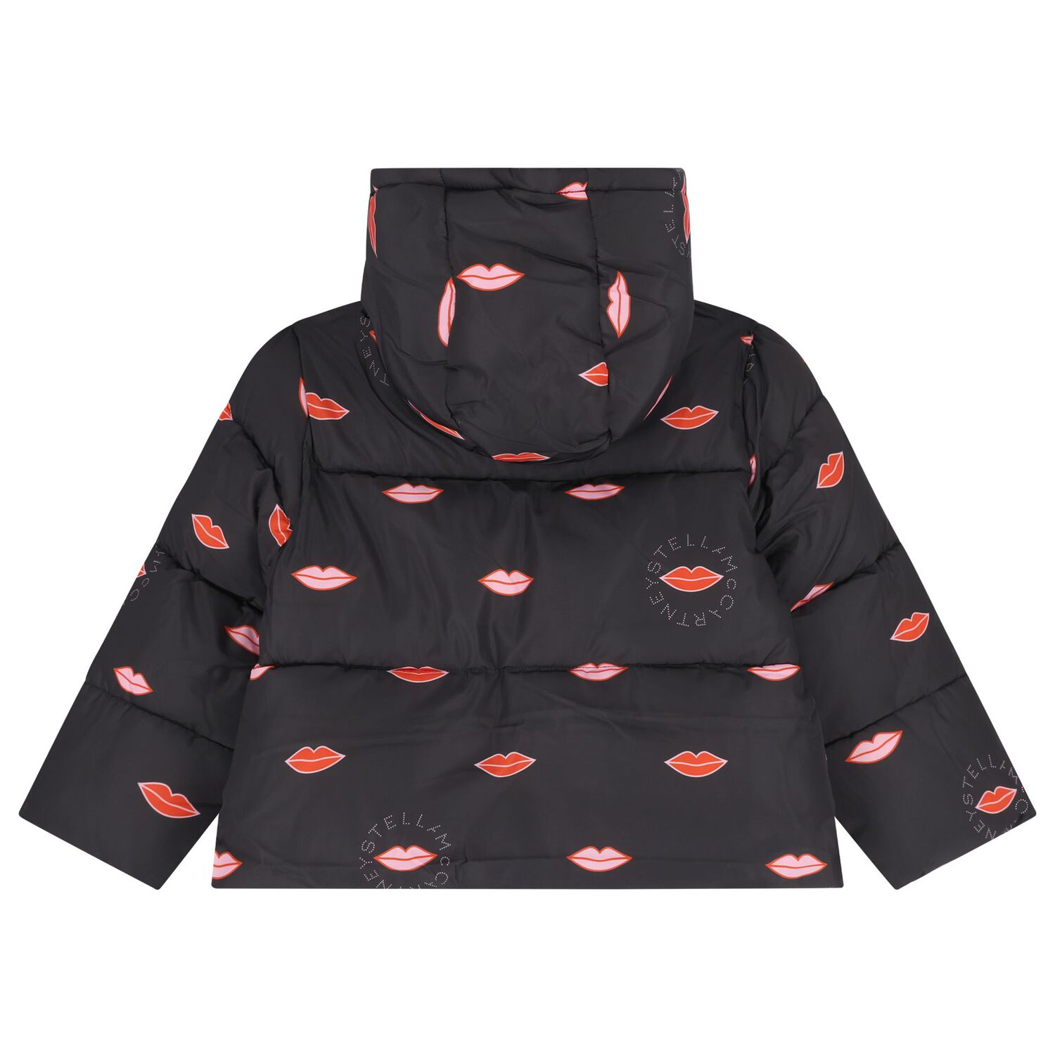 Girls Black Lips & Logo Puffer Jacket , 1, hi-res