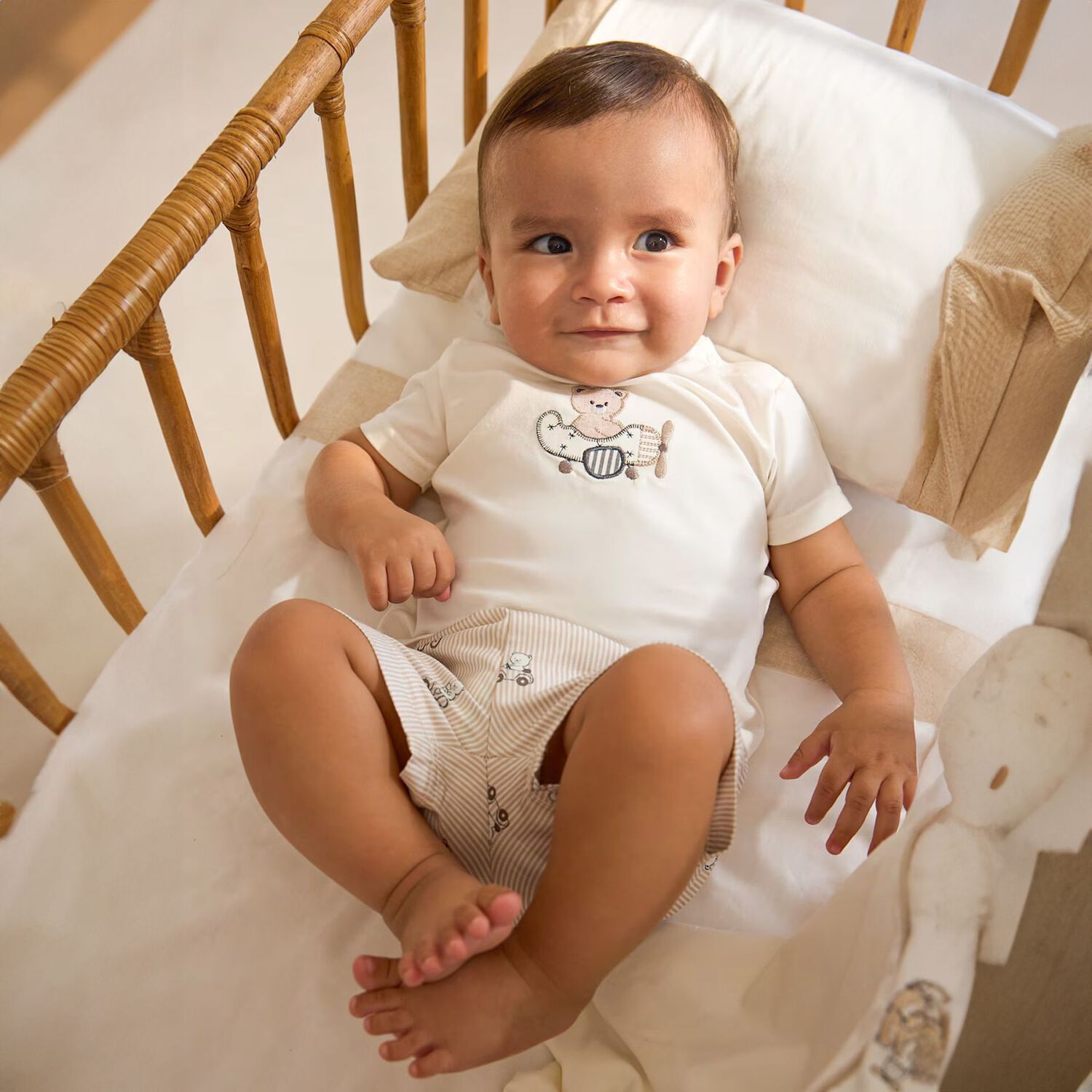 Baby Boys White & Beige Shorts Set, 1, hi-res