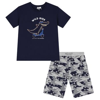Boys Navy Blue & Grey Crocodile Shorts Set
