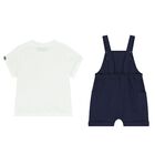 Younger Navy Blue & White Teddy Bear Logo Dungaree Set, 1, hi-res