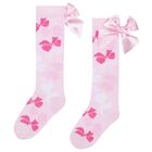 Girls Pink Satin Bow Socks, 1, hi-res