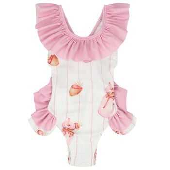 Girls White & Pink Milkshake Swimsuit
