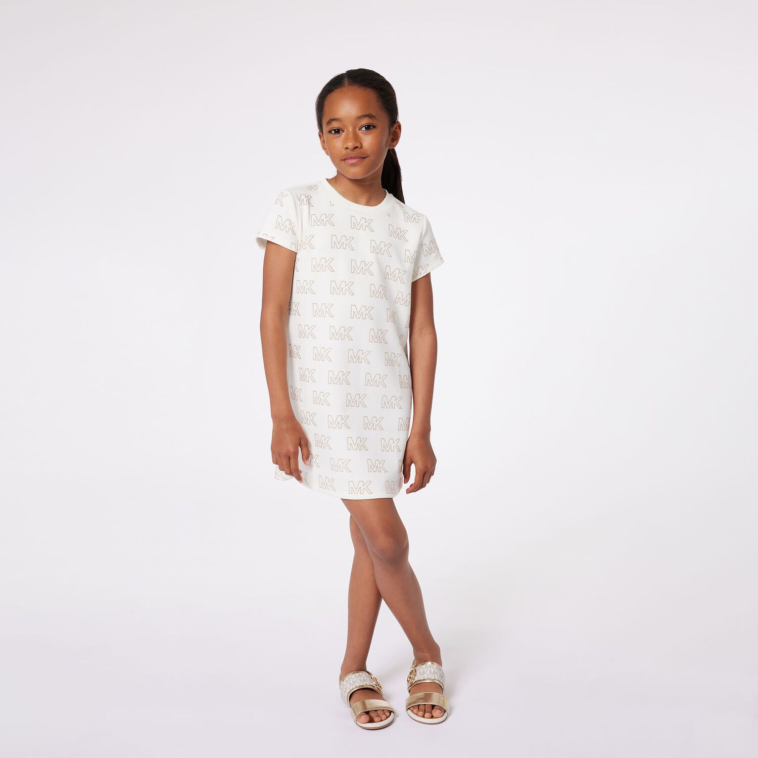 Gilrs Ivory & Gold Studded Logo Dress, 1, hi-res image number null