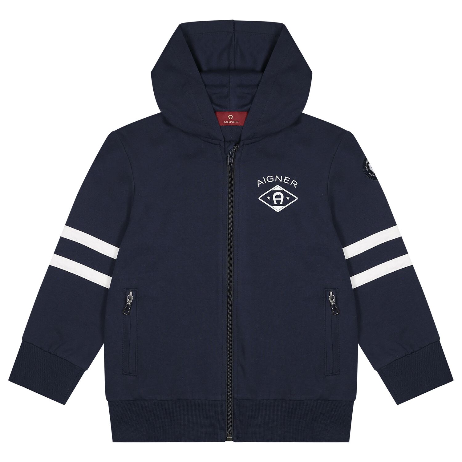 Boys Navy Blue Logo Hooded Zip Up Top, 1, hi-res