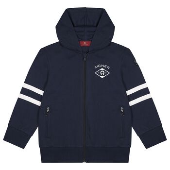Boys Navy Blue Logo Hooded Zip Up Top