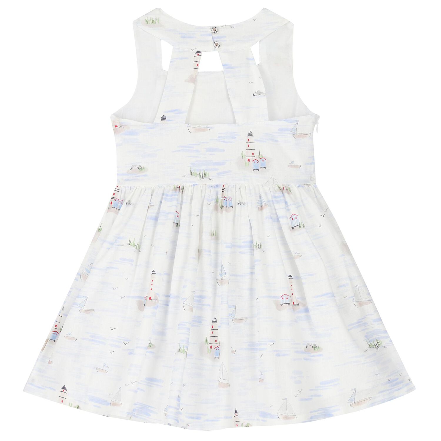 Girls White & Blue Cotton Dress, 1, hi-res