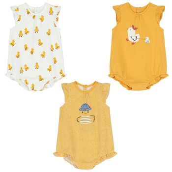 Baby Girls Yellow & White Rompers ( 3-Pack )