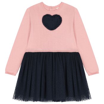 Girls Pink & Navy Blue Knitted Dress