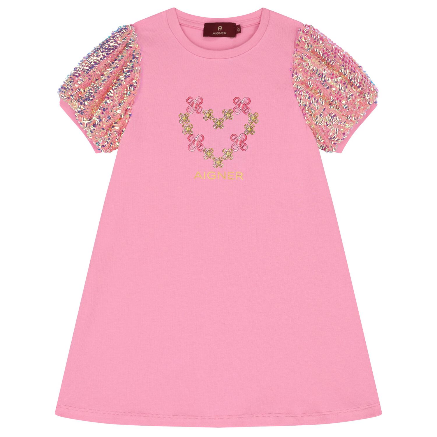 Girls Pink Heart Logo Sequins Dress, 1, hi-res image number null
